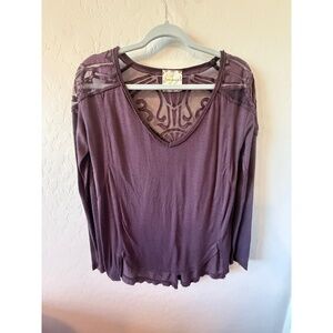 Free People Blouse Womens‎ XS Purple Mesh VNeck Long Sleeve Boho Sheer Chic